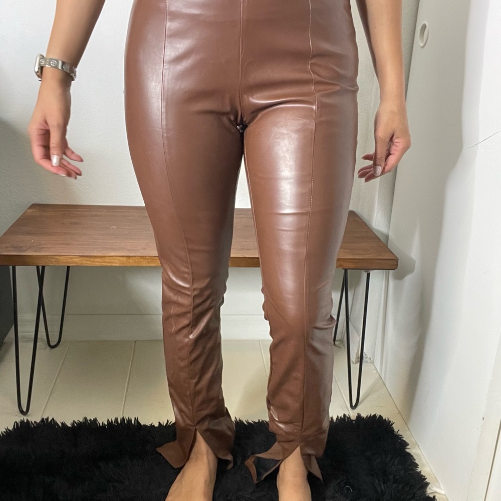 SBetro Brown Faux Leather Straight Leg Pants